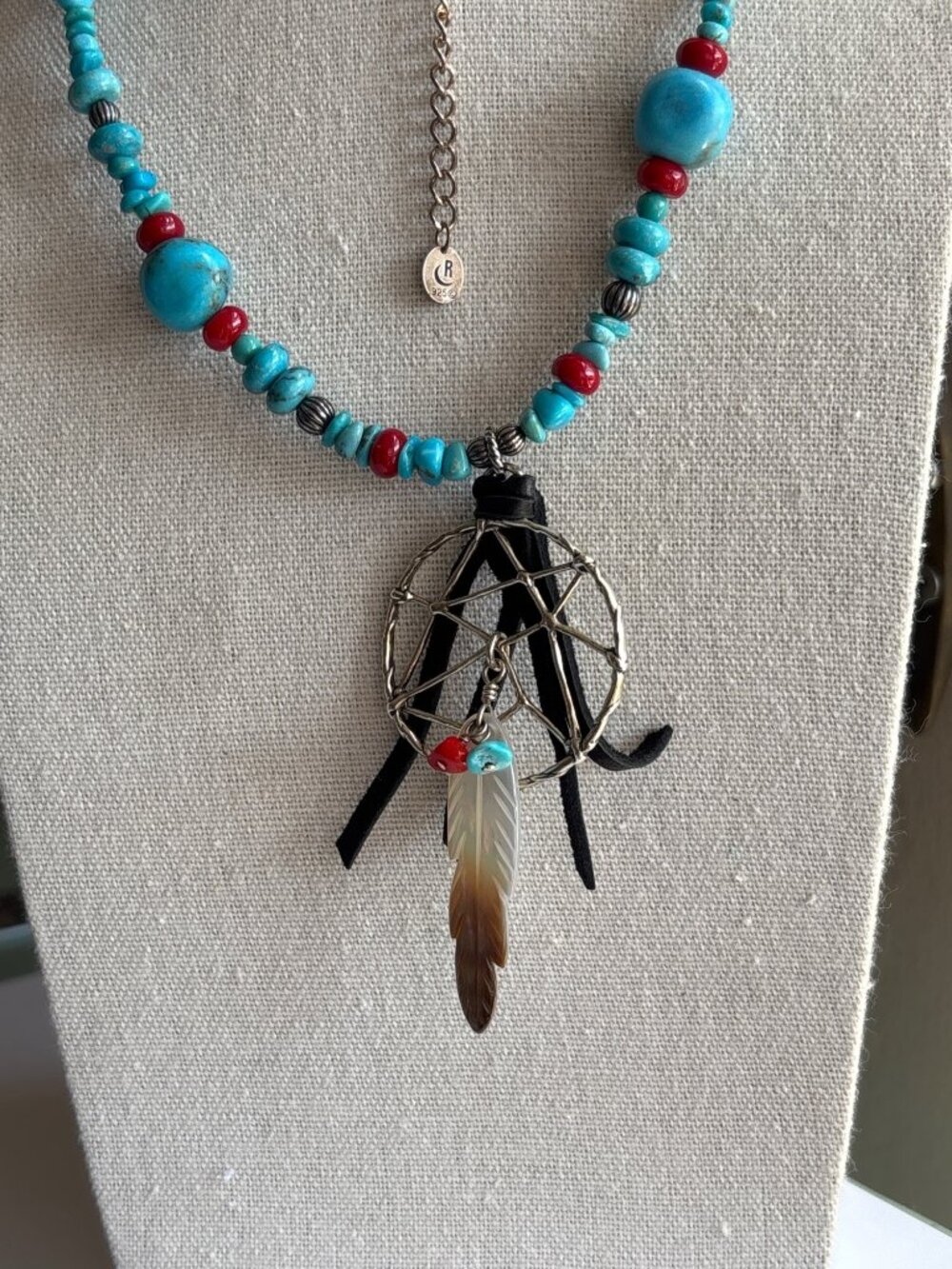 Carolyn Pollack Turquoise, Coral and Sterling Dreamcatcher Necklace with MOP fea